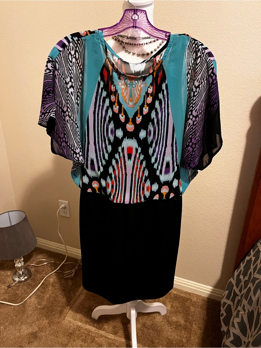 Roz & Ali Black Tunic Dress with Teal & Purple Printed Overlay